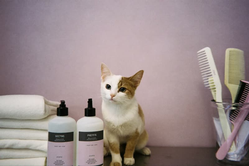 A shelf of grooming brushes, towels and plain bottles