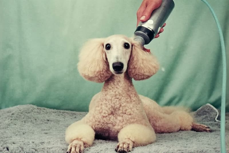 A freshly groomed poodle resting on a blanket